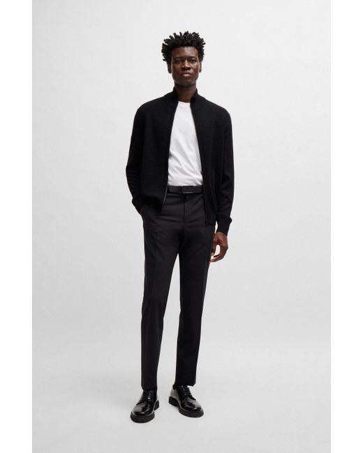 Boss Black Zip-up Cardigan In Wool With Mixed Structures for men