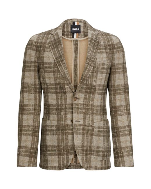 Boss Brown Slim-fit Jacket In Checked Stretch Jersey for men