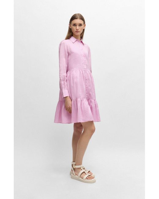 Boss Pink Tiered Shirt Dress In Ramie With Cotton Inner Dress