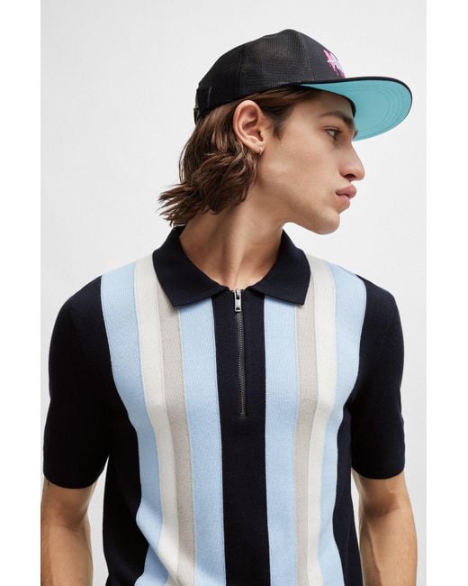 HUGO Black Zip-neck Polo Sweater With Vertical Stripes for men