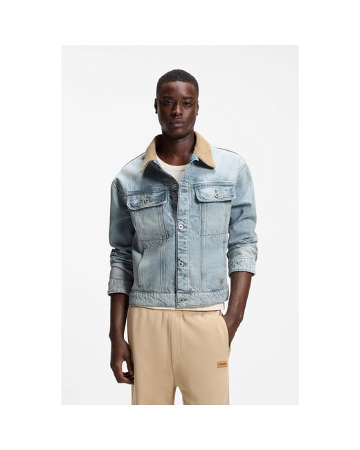 HUGO Blue Relaxed-Fit Cotton Jacket With Corduroy Collar for men