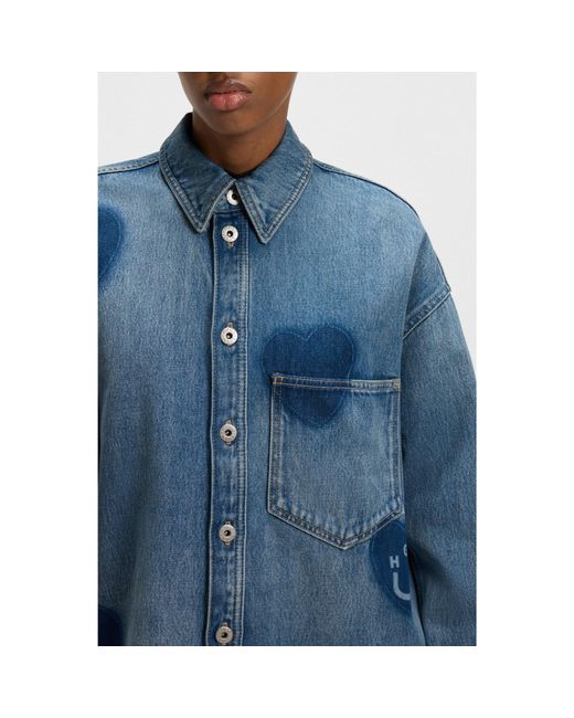 HUGO Blue Rigid-Denim Shirt With Printed Hearts