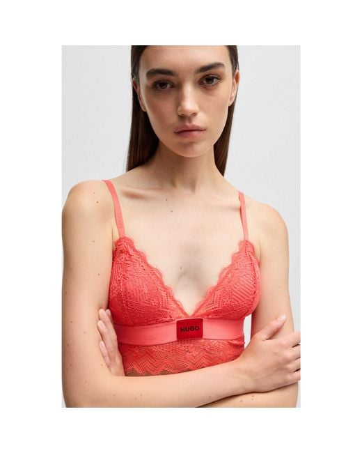 HUGO Red Lace-Trim Bra With Logo Label