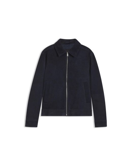 Boss Blue Suede Leather Jacket With Zip Closure for men