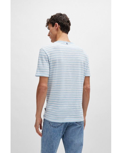 Boss Blue Horizontal-stripe T-shirt In Cotton And Linen for men