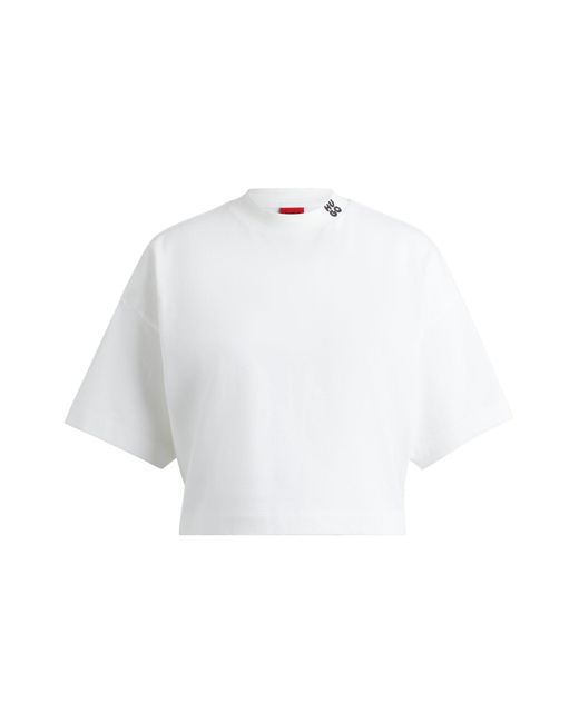 HUGO White Cotton-jersey Relaxed-fit Cropped T-shirt With Stacked Logo