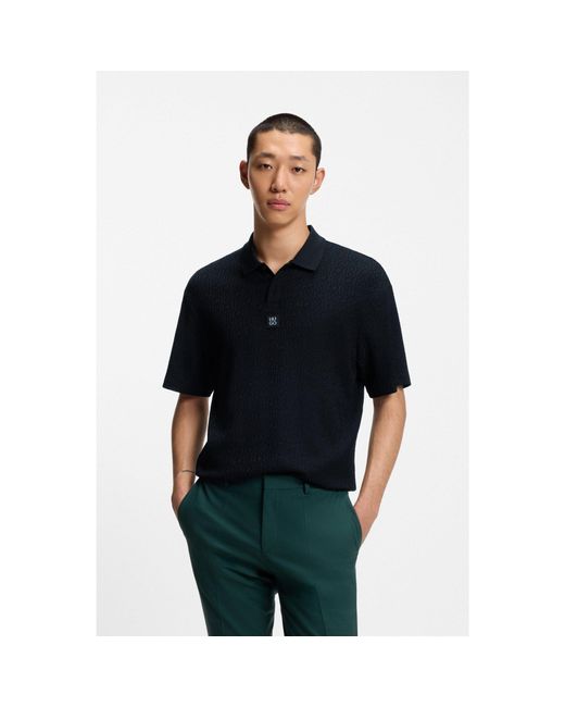HUGO Black Relaxed-Fit Polo Shirt With Jacquard Pattern for men