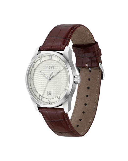 Boss Leather-strap Watch With Silver-white Patterned Dial for men