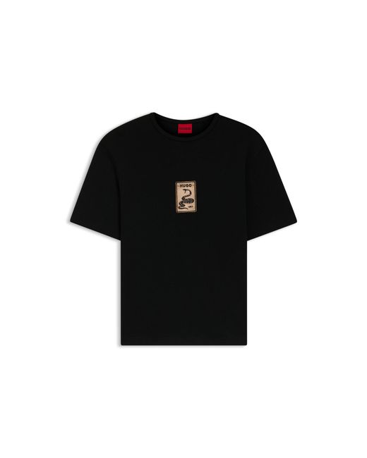 HUGO Black Cotton-Jersey T-Shirt With Embroidered Badge for men