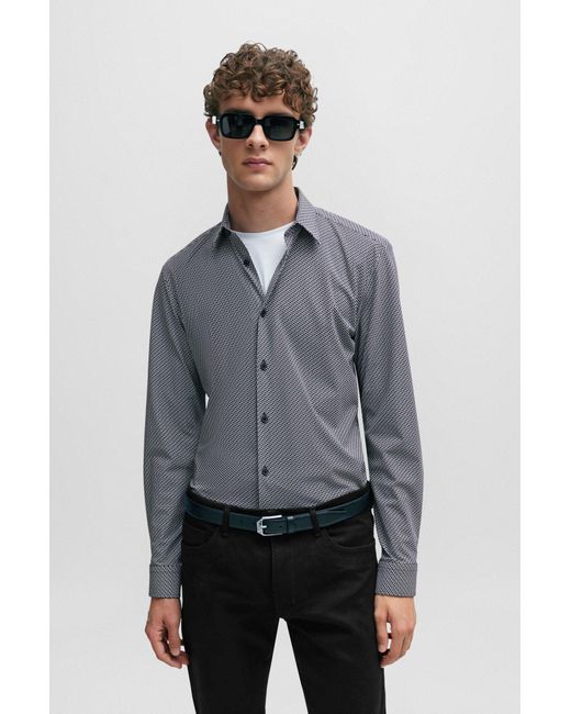 Boss Gray Slim-fit Shirt In Printed Performance-stretch Fabric for men