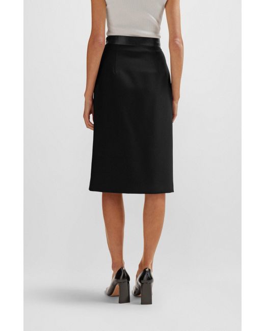 Boss Black Pencil Skirt In Wool Twill With Faux-leather Trims