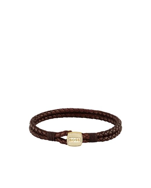 Boss Brown Braided-Leather Cuff With-Tone Closure for men