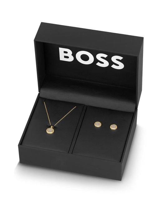 Boss Black Stainless-steel Necklace With Pavé-crystal Pendant