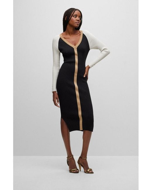 Boss Black Long-sleeved Knitted Dress With Metalized Fibers