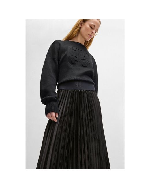HUGO Black Plissé Maxi Skirt With Logo Waistband