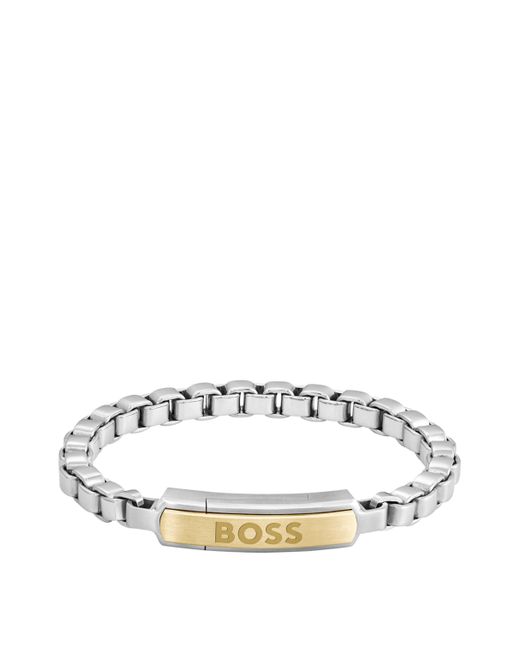 Boss White Silver-tone Box-chain Cuff With Golden Logo Plate Men's Jewellery Size S for men