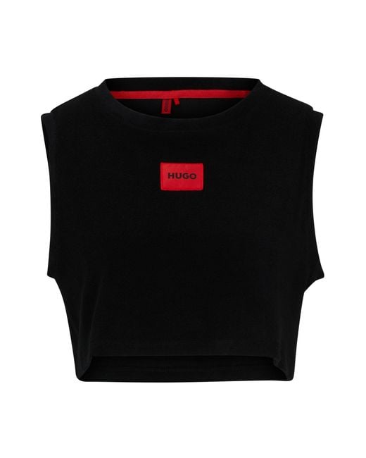 HUGO Black Cropped Cotton-blend Vest Top With Logo Detail