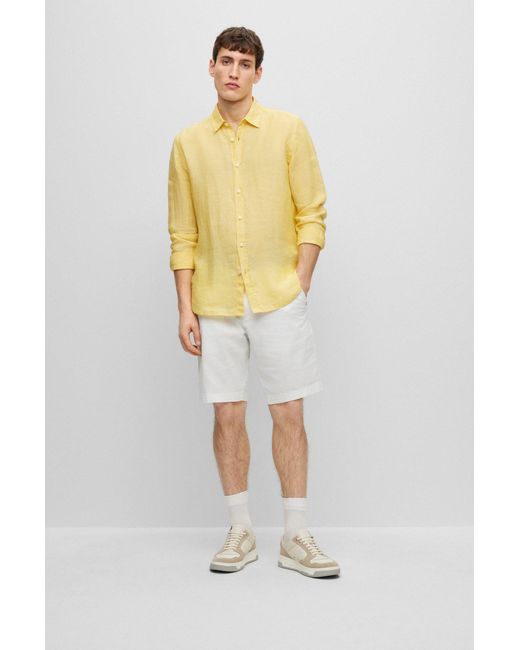 BOSS by HUGO BOSS Regular-fit Long-sleeved Shirt In Linen Chambray in  Yellow for Men | Lyst UK