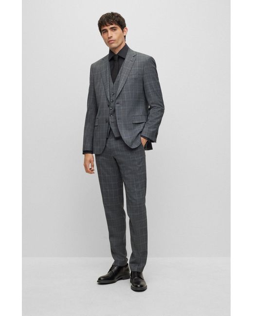 Boss Gray Regular-fit Three-piece Suit In Checked Stretch Fabric for men