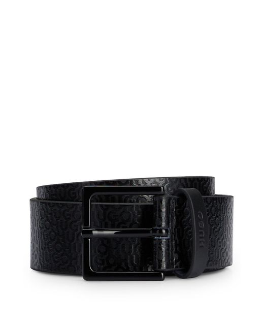 HUGO Black Italian-leather Belt With All-over Logo Pattern for men