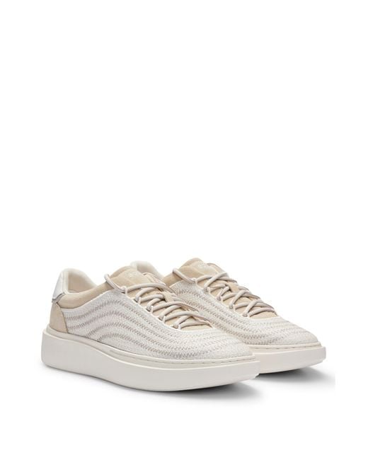 Boss White Lace-up Trainers With Zig-zag Mesh And Suede