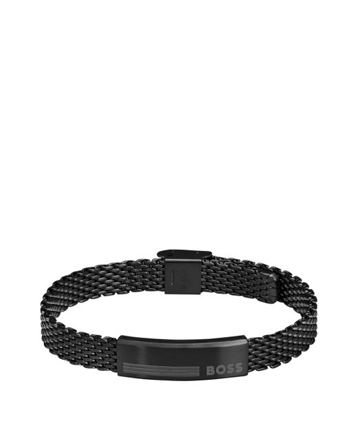 Boss Schwarzes Mesh-Armband aus Edelstahl mit Logo-Plakette in Black für Herren