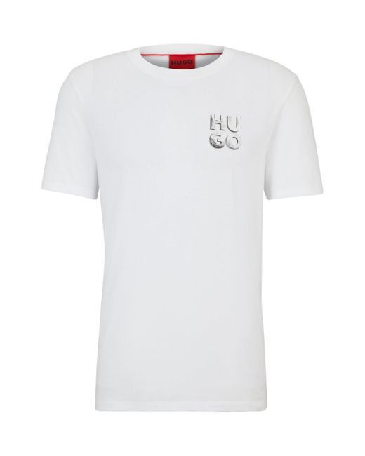 HUGO White Cotton-jersey T-shirt With Decorative Reflective Logo for men