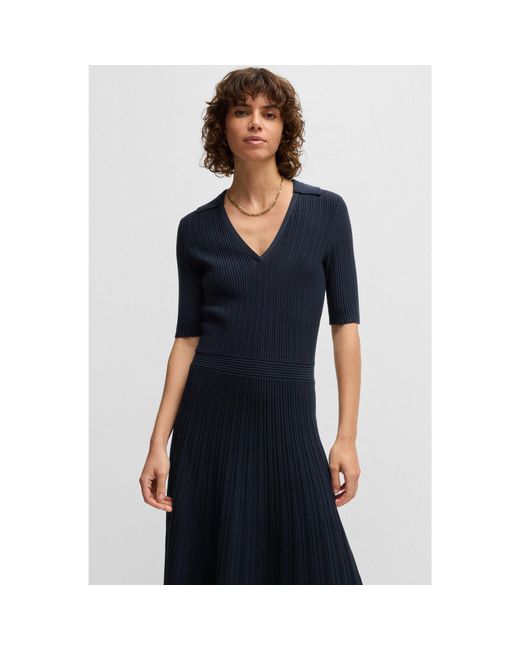 Boss Blue V-Neck Dress With Ribbed Structure