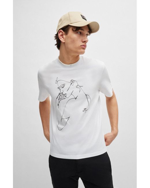 HUGO White Relaxed-fit T-shirt In Cotton Jersey With Face Print for men