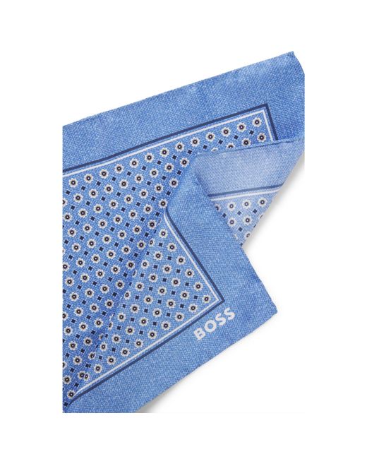 Boss Blue One Silk Pocket Square With Digital Print And Logo for men