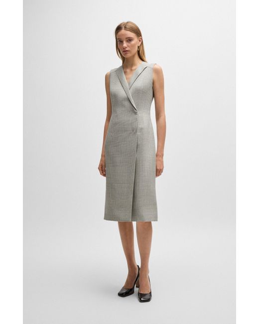 Boss White Wrap-front Dress In Checked Virgin-wool Crepe