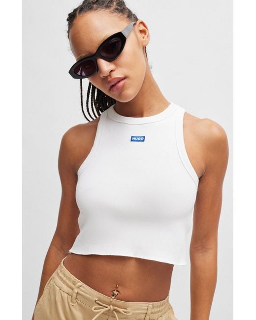 HUGO Stretch-cotton Cropped Tank Top With Blue Logo Label in White