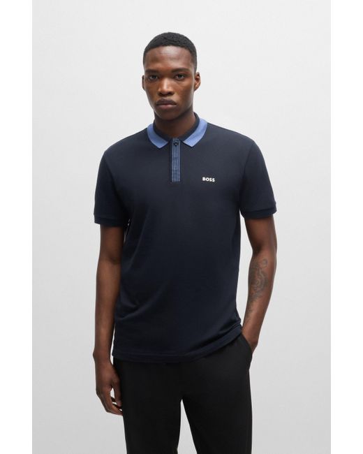 Boss Black Stretch-cotton Polo Shirt With Contrast Logo for men