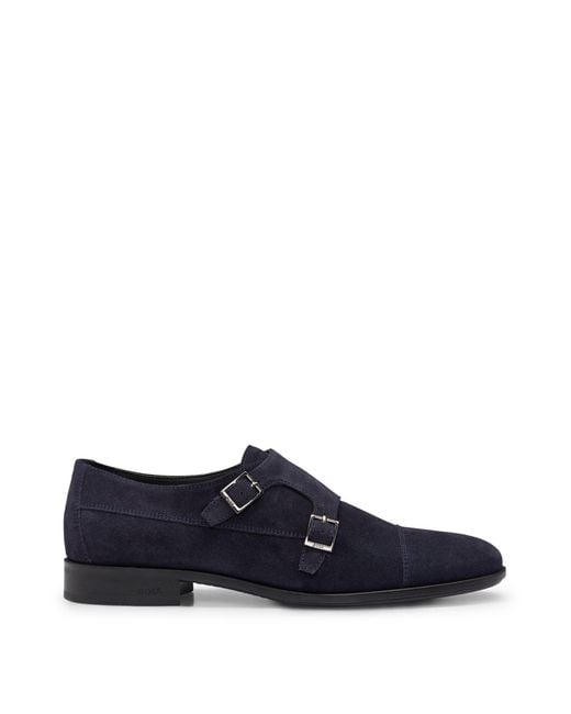 Boss Blue Double-monk Shoes In Suede for men
