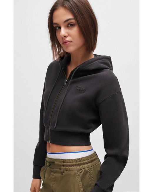 HUGO Black Stretch-cotton Cropped Hoodie With Embroidered Logo