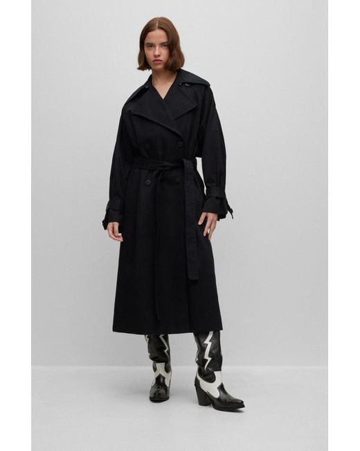 HUGO Black Double-breasted Trench Coat In Stretch Cotton
