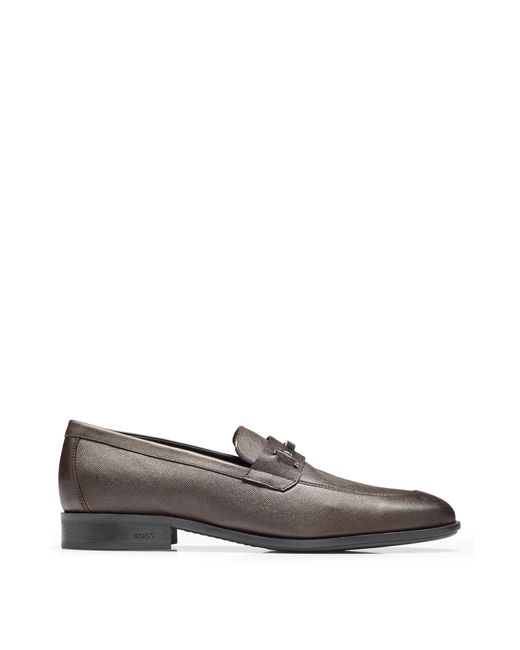 Boss Gray Penny Loafers In Saffiano-print Leather With Padded Innersole for men