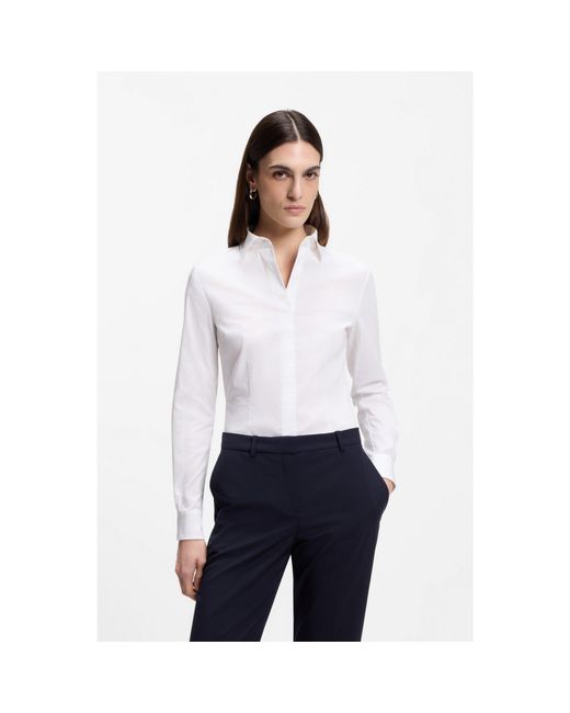 Boss White Slim-fit Blouse In An Organic-cotton Blend