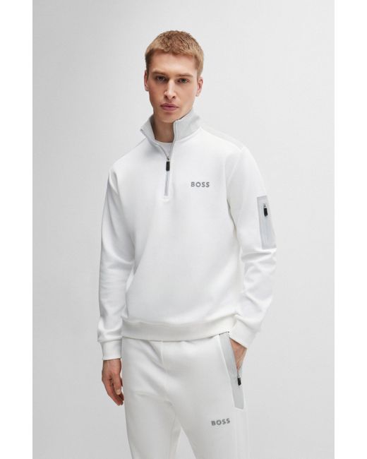 Boss Sweatshirt aus Baumwoll-Mix mit Troyerkragen und erhabenem 3D-Logo in White für Herren