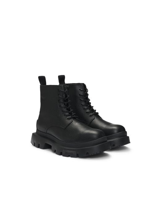 HUGO Black Grained Leather Lace-Up Boots With Chunky Sole for men