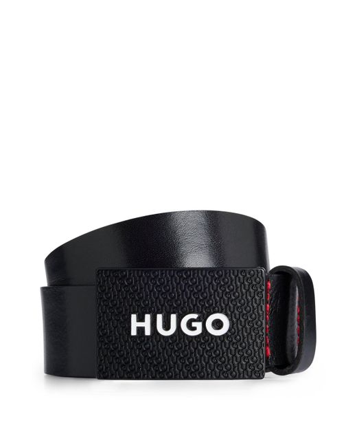 HUGO Black Italian-leather Belt With Branded Plaque Buckle for men