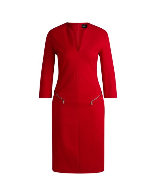 Boss Red V-Neck Dress With Zipped Pockets And Cropped Sleeves