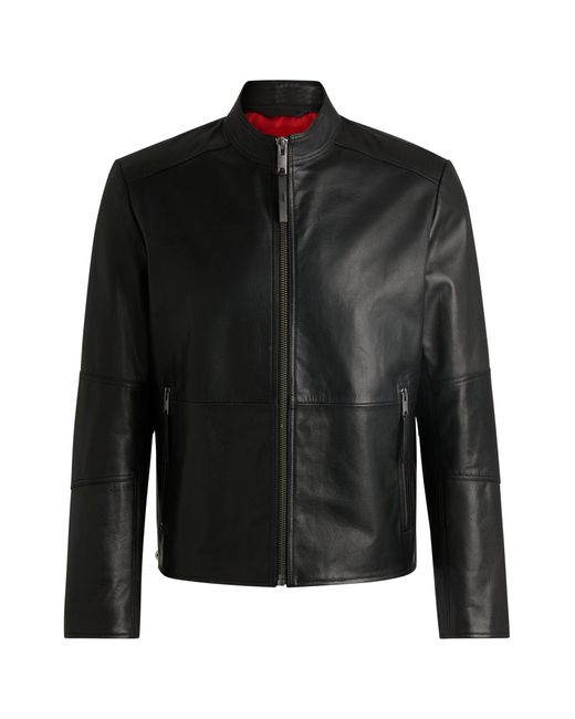 HUGO Black Slim-fit Jacket In Leather With Stand Collar for men