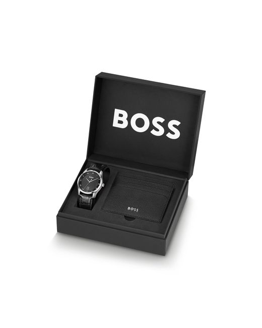 Boss Black Textured-Dial Watch And Card Holder Gift Set for men
