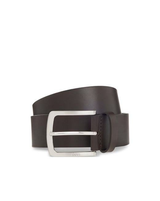 Boss Brown Italian-leather Belt With Logo-engraved Buckle for men