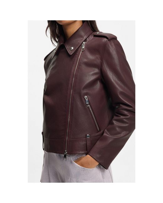 Boss Brown Grained-Leather Biker Jacket With Zips And Studs