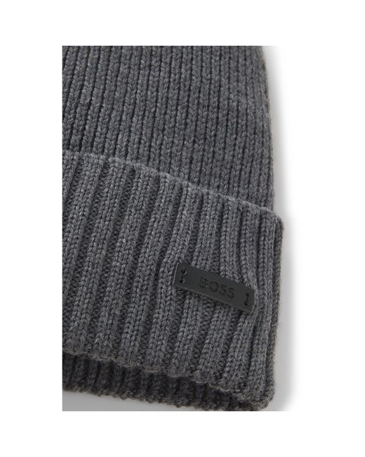 Boss Gray Rib-Knit Virgin-Wool Beanie With Logo Plaque for men