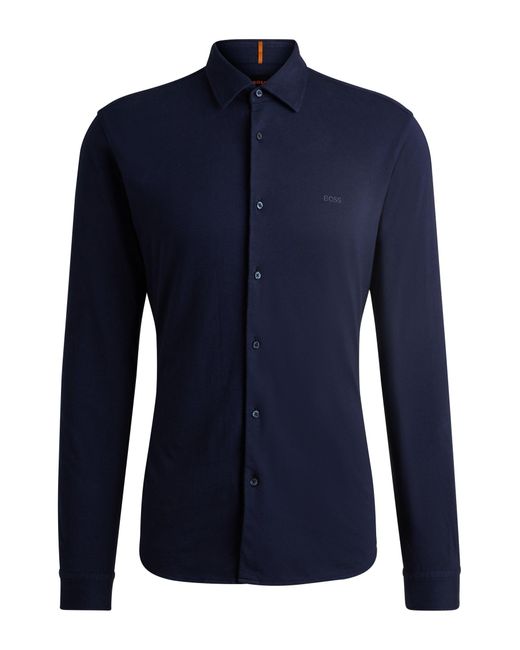 Boss Blue Slim-fit Shirt In Cotton Jersey With Embroidered Branding for men
