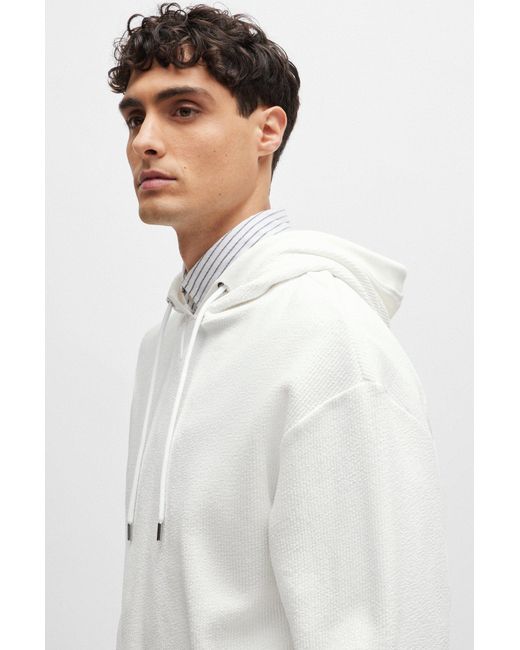 Boss White Regular-fit Hoodie In Cotton Bouclé With Ribbed Cuffs for men