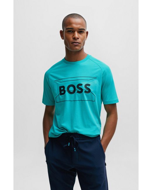 Boss Blue Cotton-blend Regular-fit T-shirt With Logo Artwork for men